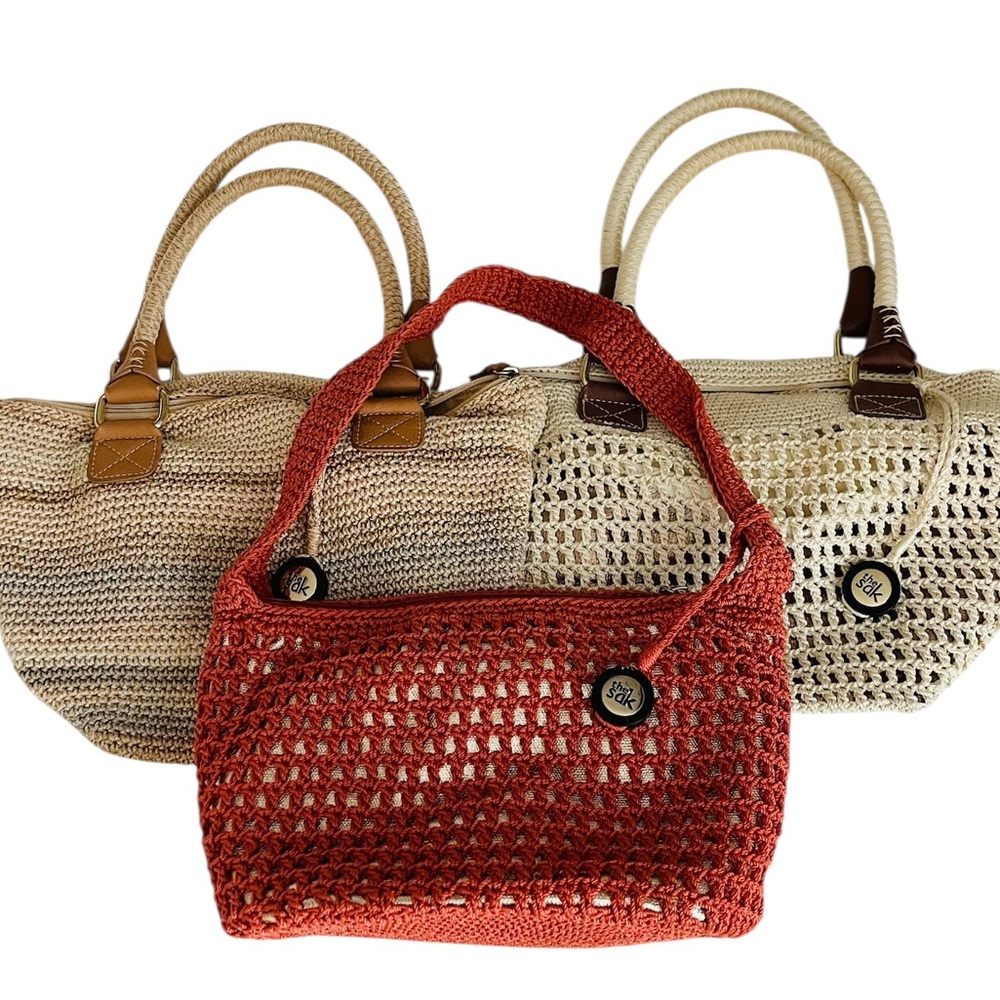 Lot of 3 The Sak Crochet Handbags – Boho Woven Neutral Totes + Rust Bag